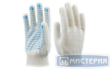Перчатки нитяные, диз. "Точка", 5 нит., 10 кл., бел., Х/Б+ПВХ, 10 пар/упак 300 пар/кор РОССИЯ