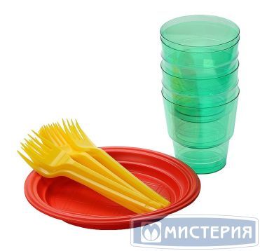 Набор одноразовой посуды "Яркий Праздник" [12 стак. 200 мл, ПС+12 тар. d167 мм, ПС+12 вил.] 15 упак/кор РОССИЯ 187350